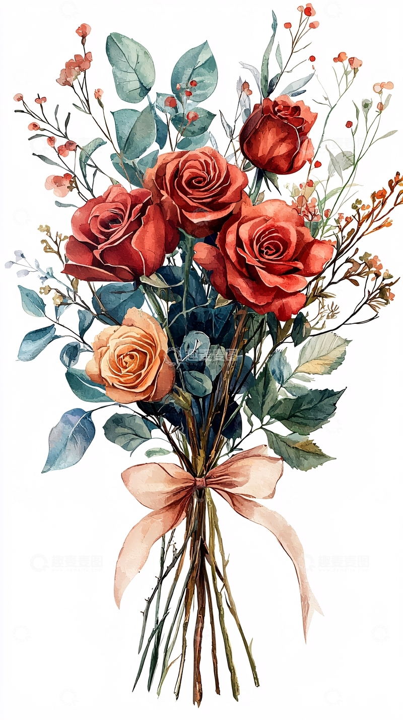 高清大图下载【趣麦麦图】水彩玫瑰花束