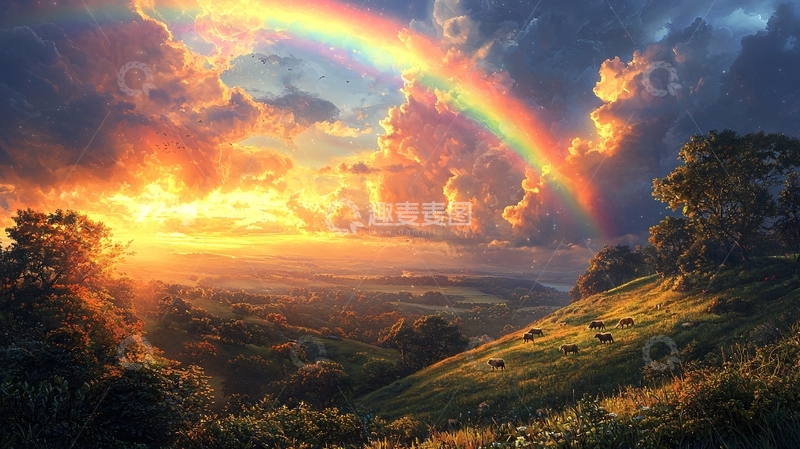 高清大图下载【趣麦麦图】彩虹日落田园风光