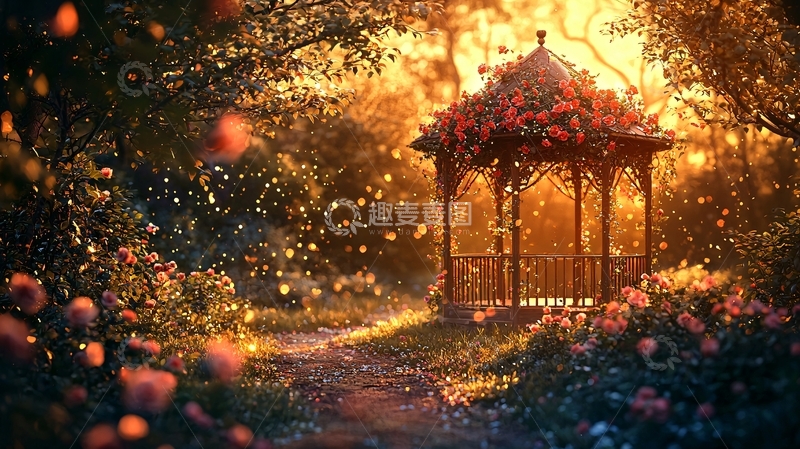 高清大图下载【趣麦麦图】阳光洒满玫瑰花丛凉亭