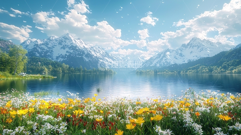 高清大图下载【趣麦麦图】雪山湖泊鲜花