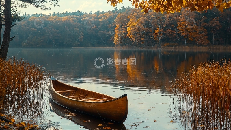 高清大图下载【趣麦麦图】秋日湖边独木舟