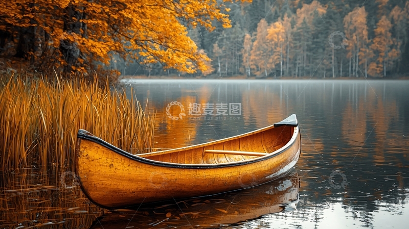 高清大图下载【趣麦麦图】秋日湖边独木舟
