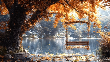 秋日湖边树下秋千