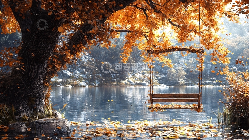 高清大图下载【趣麦麦图】秋日湖边树下秋千