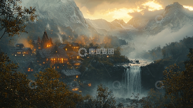 高清大图下载【趣麦麦图】山谷小镇夜景