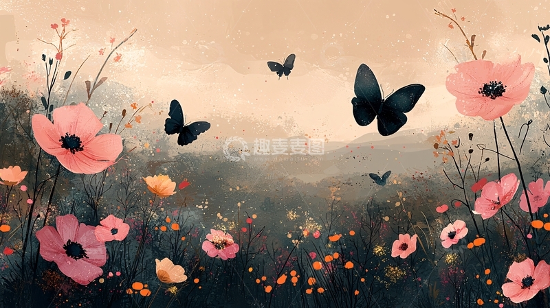 高清大图下载【趣麦麦图】粉色花田蝴蝶
