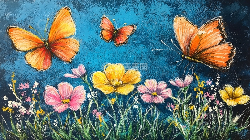 高清大图下载【趣麦麦图】蓝色背景下的橙色蝴蝶和野花