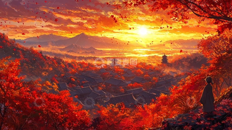 高清大图下载【趣麦麦图】秋日红叶山村落日图