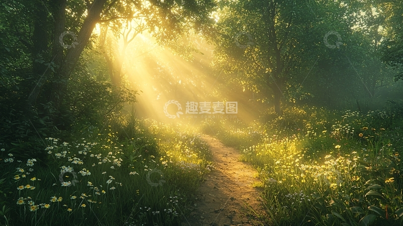 高清大图下载【趣麦麦图】森林小路阳光雾气