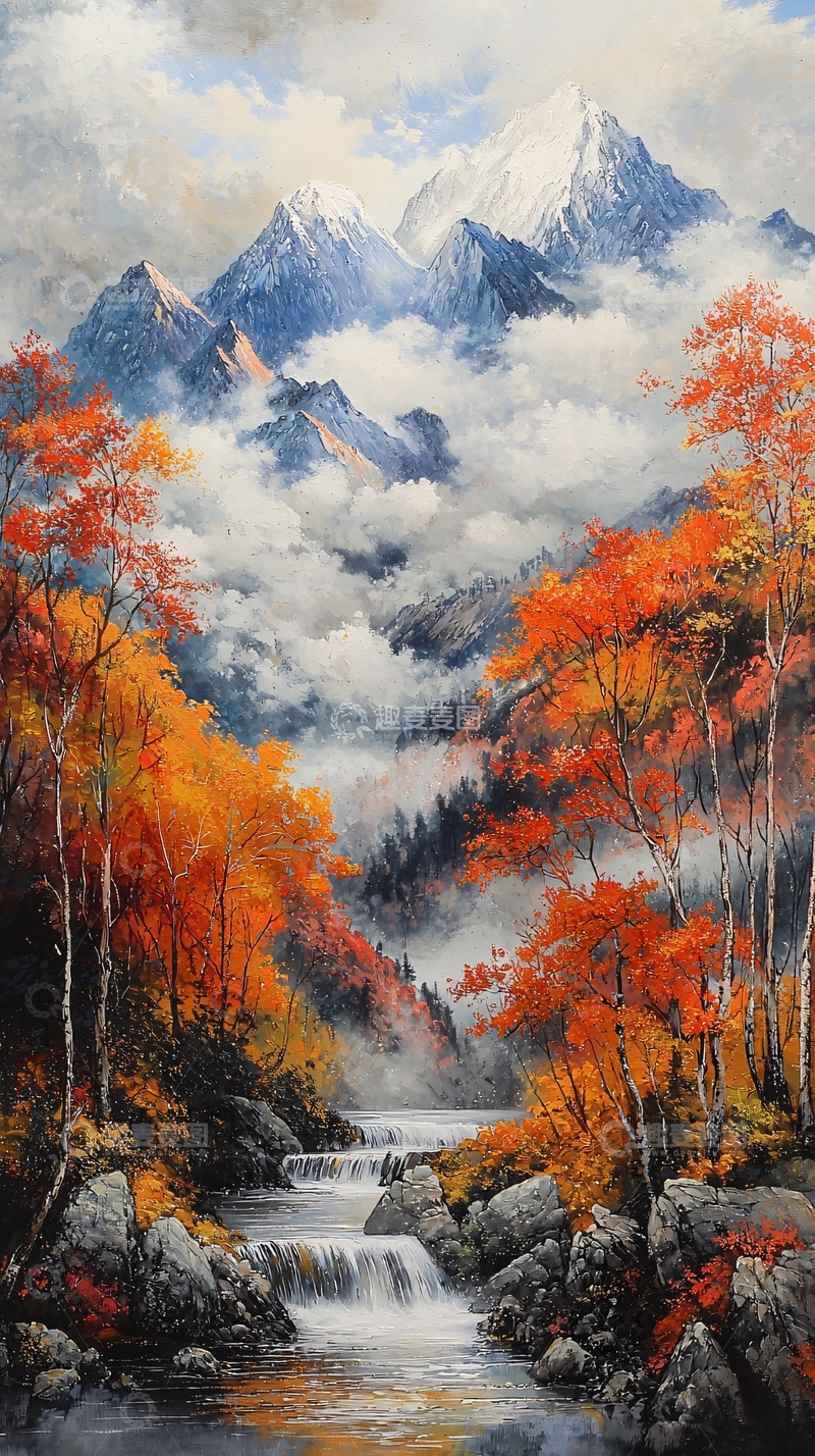 高清大图下载【趣麦麦图】秋日山谷溪流图