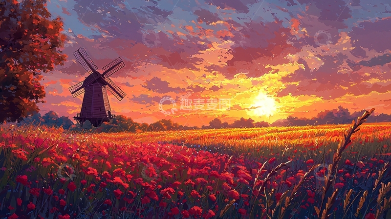 高清大图下载【趣麦麦图】夕阳下红色的花田和风车