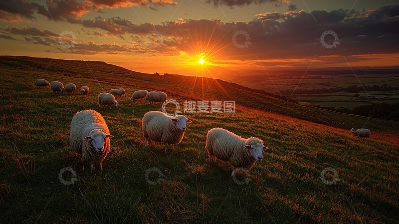 高清大图下载【趣麦麦图】夕阳下草原上的绵羊