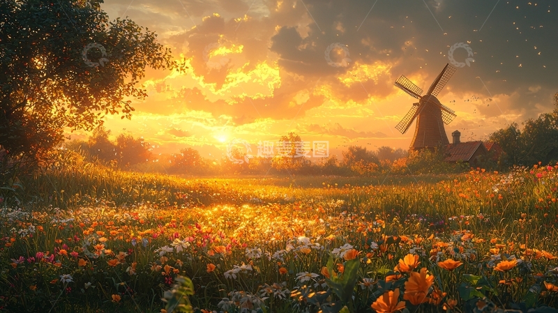 高清大图下载【趣麦麦图】日落风车田园风光