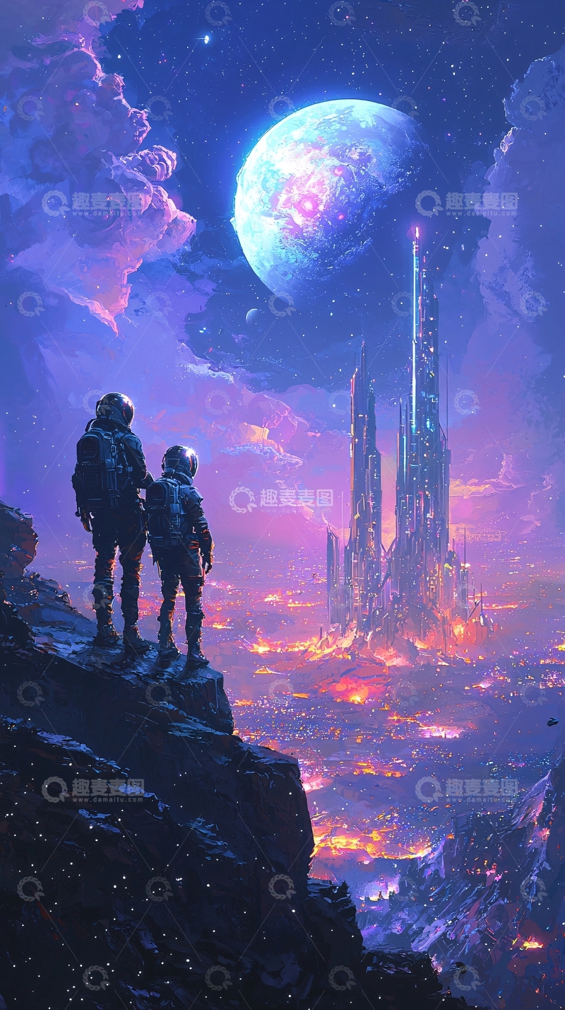 高清大图下载【趣麦麦图】太空宇航员眺望未来都市