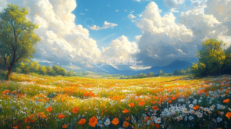 高清大图下载【趣麦麦图】阳光明媚的鲜花田野