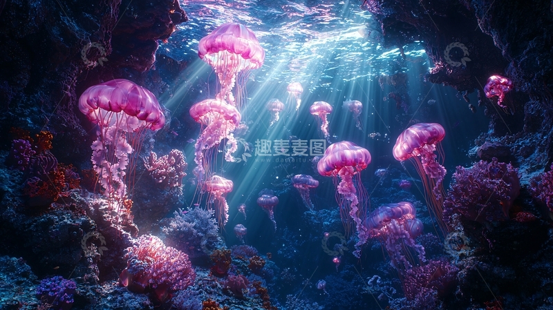高清大图下载【趣麦麦图】海底粉色水母群