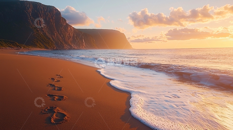 高清大图下载【趣麦麦图】海滩日落足迹