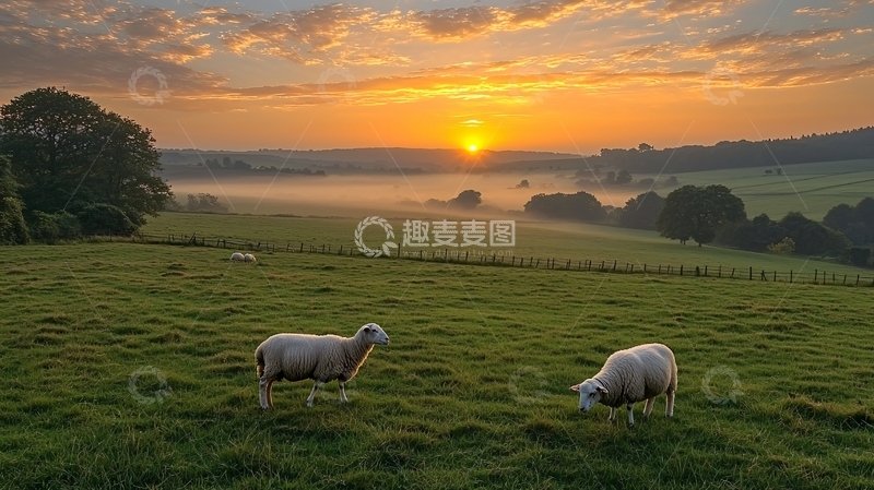 高清大图下载【趣麦麦图】清晨牧场日出