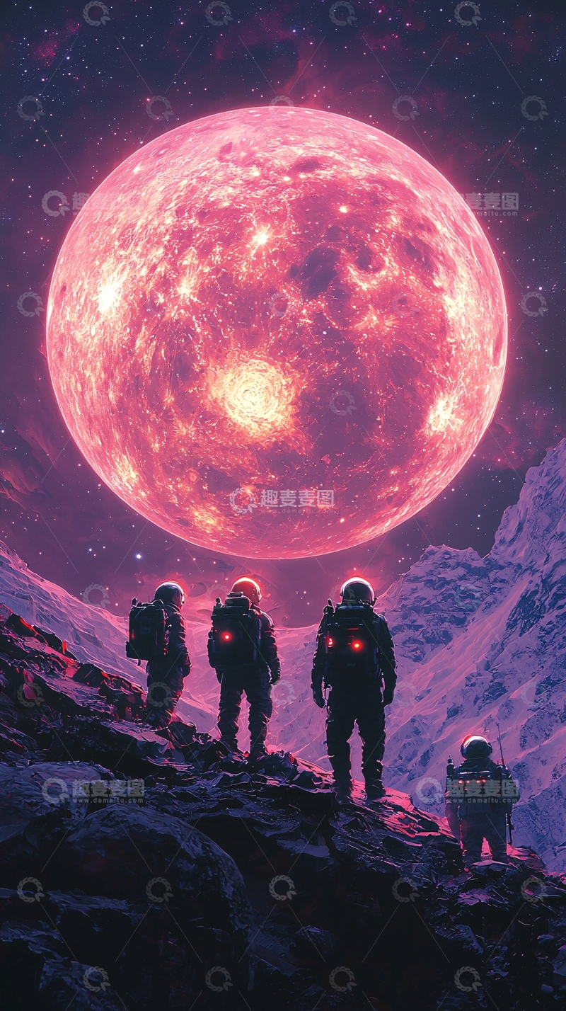 高清大图下载【趣麦麦图】太空宇航员远眺巨大粉色星球