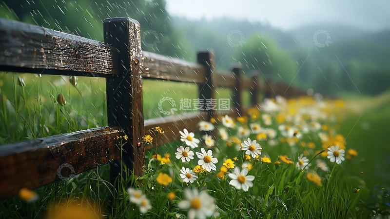 高清大图下载【趣麦麦图】雨中木栅栏边野花