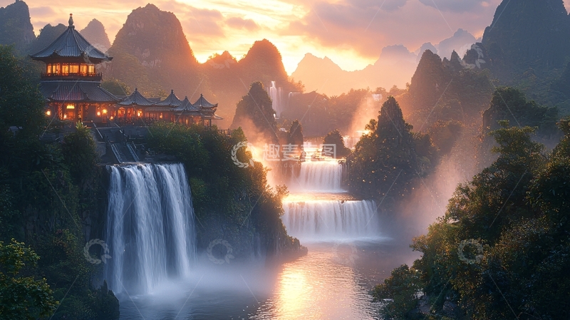 高清大图下载【趣麦麦图】夕阳下的瀑布与古建筑
