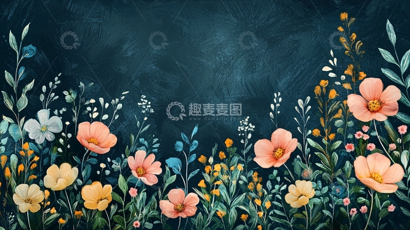 高清大图下载【趣麦麦图】深蓝背景花卉水彩画