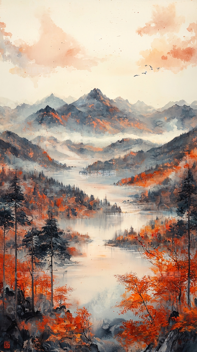 高清大图下载【趣麦麦图】雾气山峦秋景图