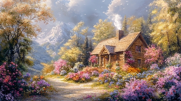 山间木屋鲜花盛开