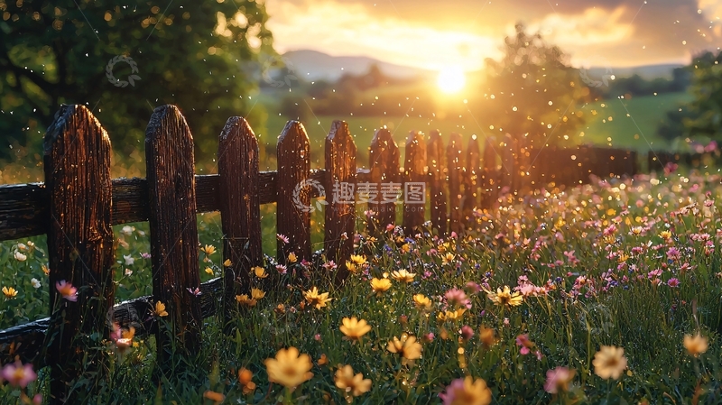 高清大图下载【趣麦麦图】夕阳下的木栅栏与野花
