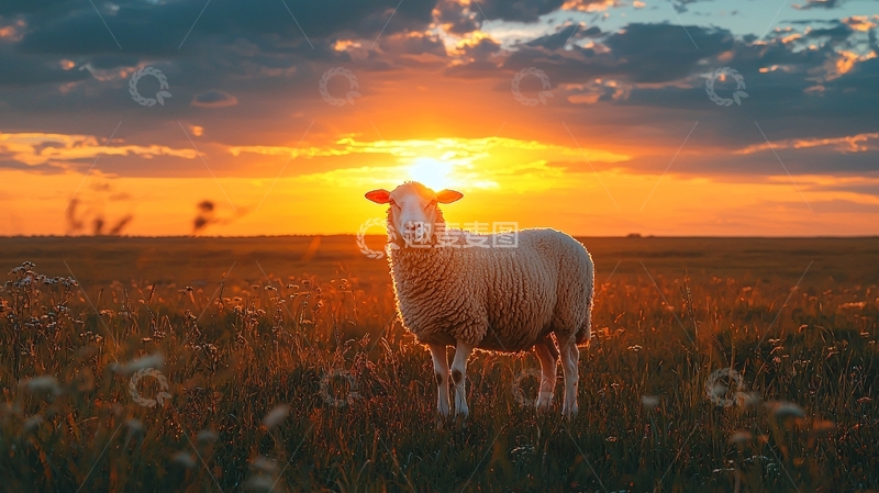 高清大图下载【趣麦麦图】夕阳下草原上的绵羊