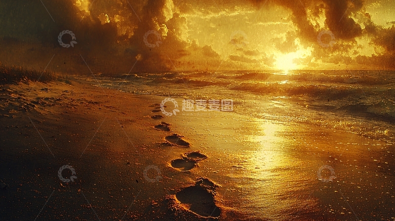 高清大图下载【趣麦麦图】夕阳沙滩足迹