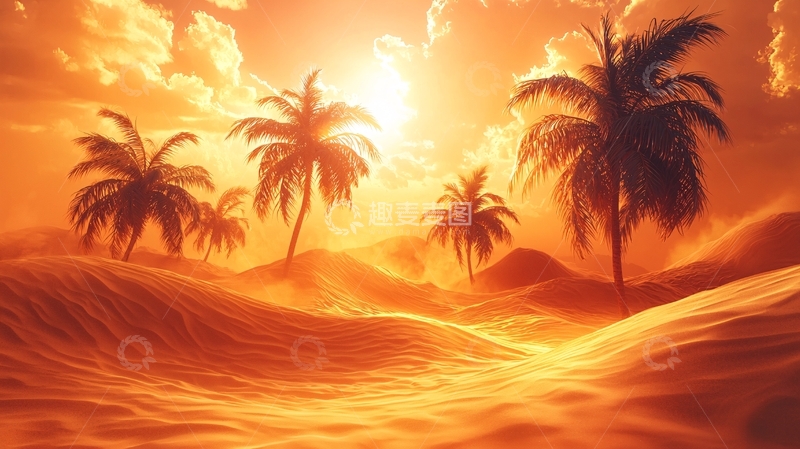 高清大图下载【趣麦麦图】落日椰林沙漠风景