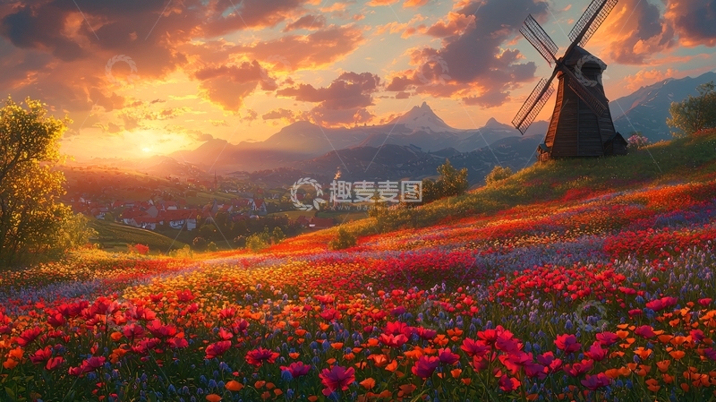 高清大图下载【趣麦麦图】日落下的彩色花田与风车