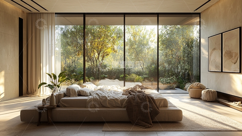高清大图下载【趣麦麦图】极简卧室落地窗阳光洒满