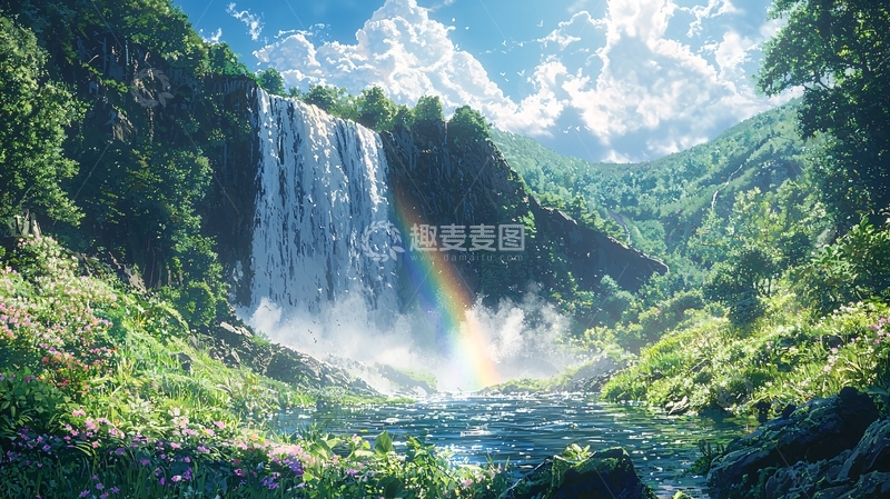 高清大图下载【趣麦麦图】瀑布彩虹山林风景