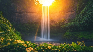 阳光穿过峡谷瀑布