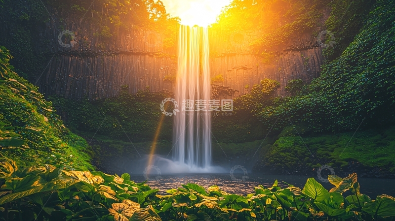 高清大图下载【趣麦麦图】阳光穿过峡谷瀑布