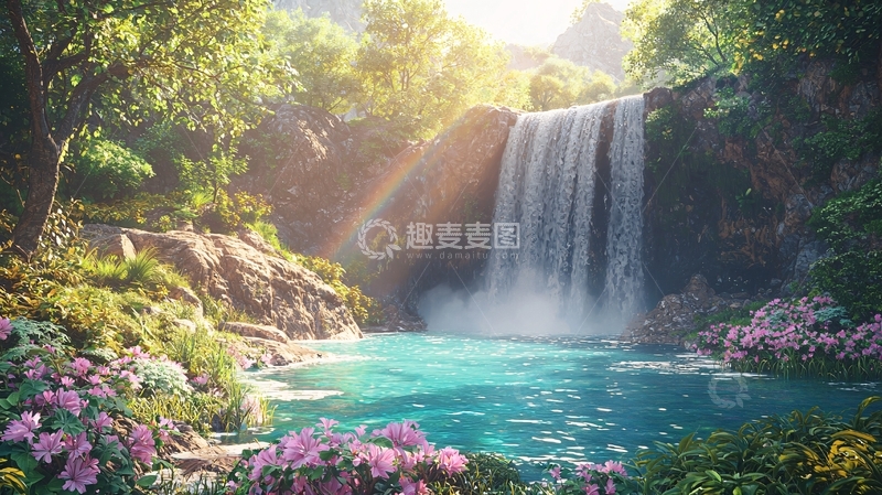 高清大图下载【趣麦麦图】阳光森林瀑布