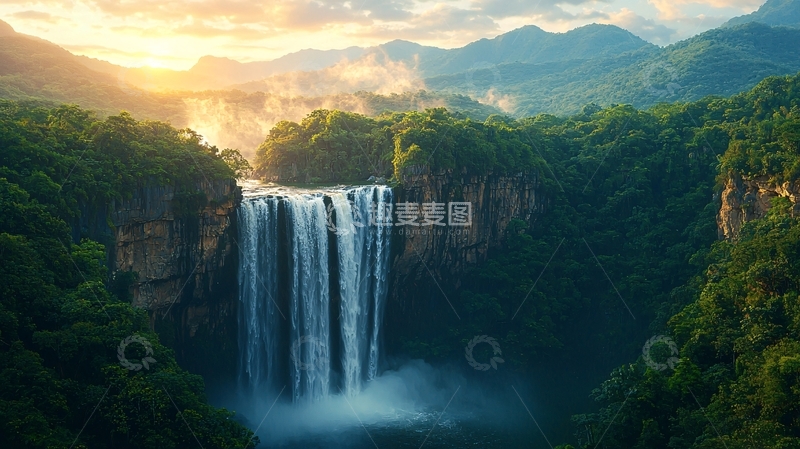 高清大图下载【趣麦麦图】山间瀑布日出景色