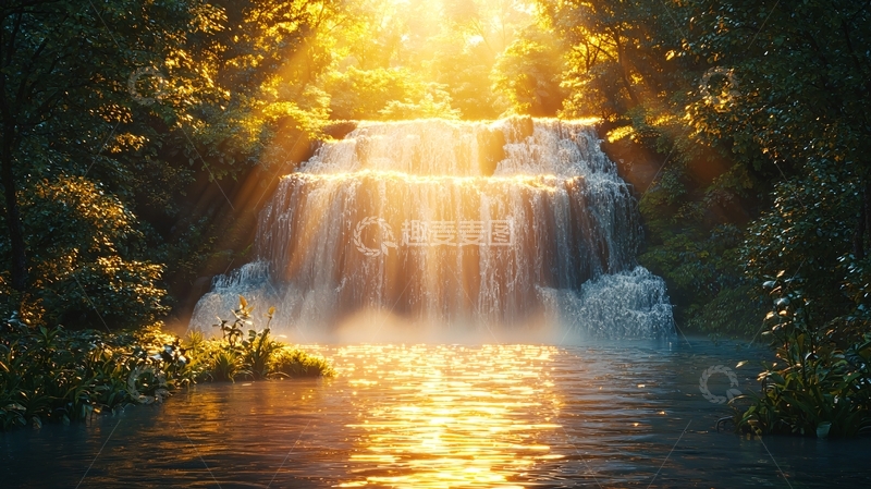 高清大图下载【趣麦麦图】阳光森林瀑布