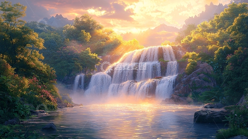 高清大图下载【趣麦麦图】日落时分的瀑布景观