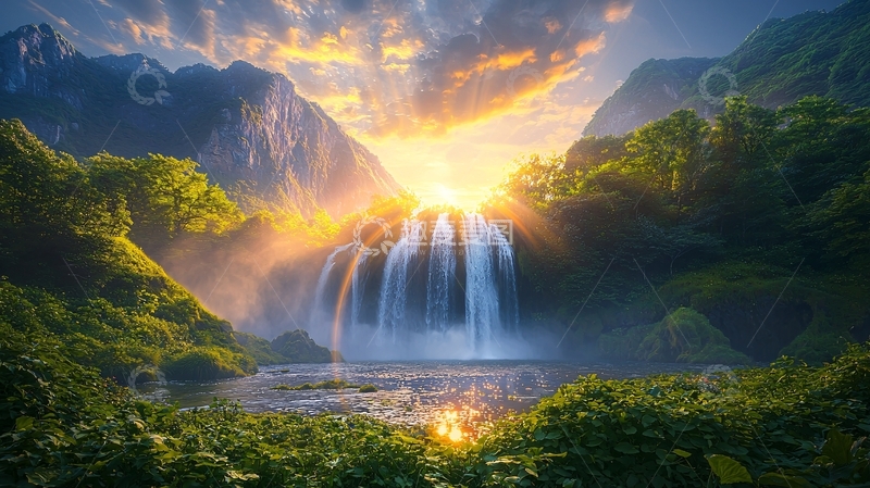高清大图下载【趣麦麦图】壮丽山河日出瀑布