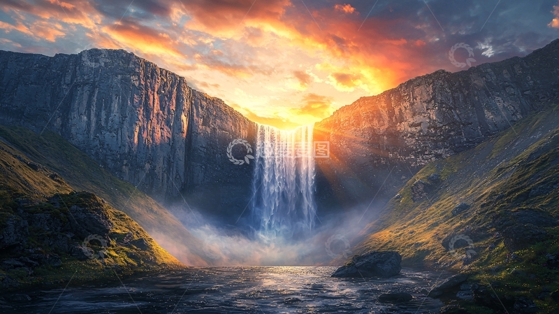 高清大图下载【趣麦麦图】壮丽山谷瀑布日落