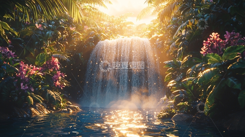 高清大图下载【趣麦麦图】热带雨林瀑布日出