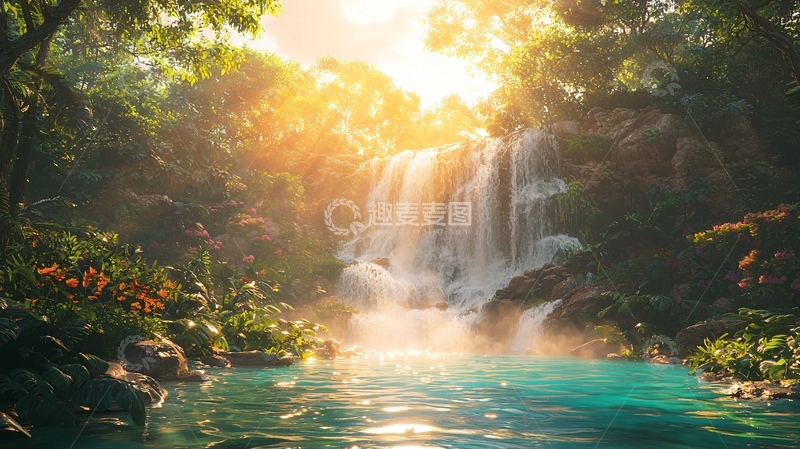 高清大图下载【趣麦麦图】阳光森林瀑布