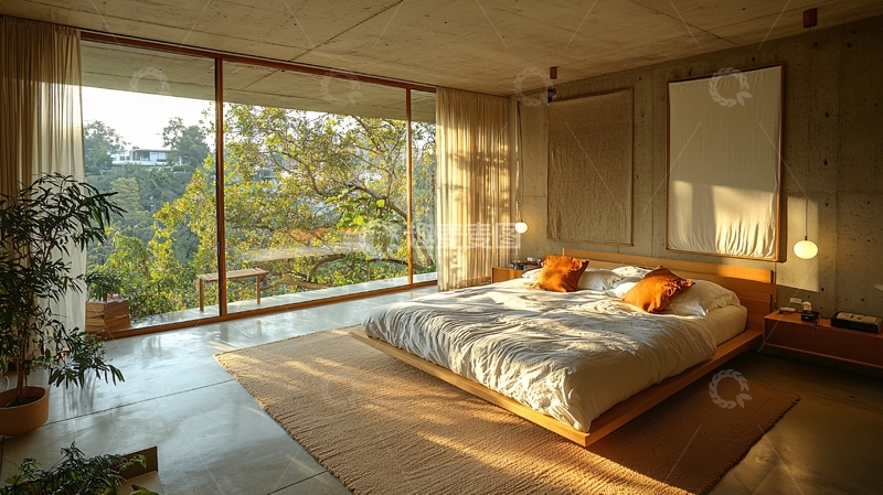 高清大图下载【趣麦麦图】极简风格卧室落地窗阳光洒满