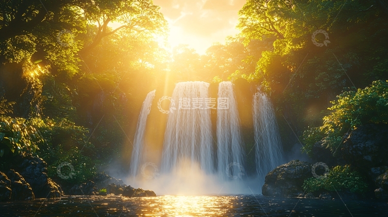 高清大图下载【趣麦麦图】阳光森林瀑布