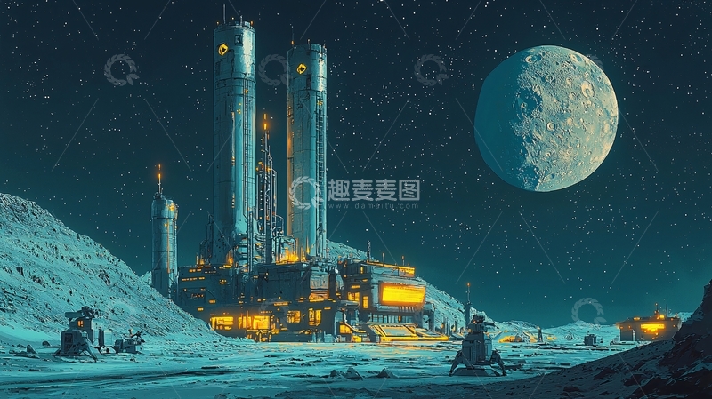 高清大图下载【趣麦麦图】月球基地与巨大月亮
