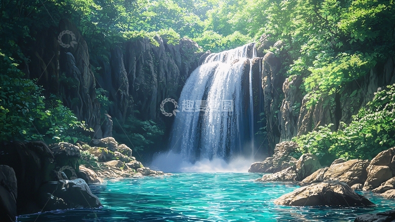 高清大图下载【趣麦麦图】阳光下的碧绿瀑布