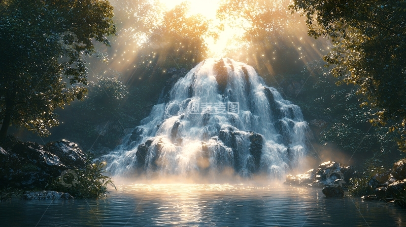 高清大图下载【趣麦麦图】阳光森林瀑布